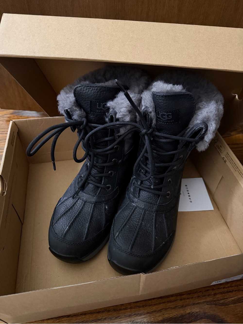 UGG Black Leather Lace-Up Winter Boots with Gray Shearling Collar